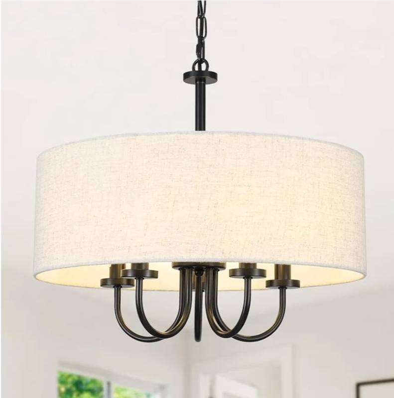 lot 33103 image: Drum Chandelier 5 Light 19 Dining Room Chandeliers Modern Black Farmhouse Chandelier White Linen Drum Shade Pendant Light Fixture for Living Room Bedroom Hallway