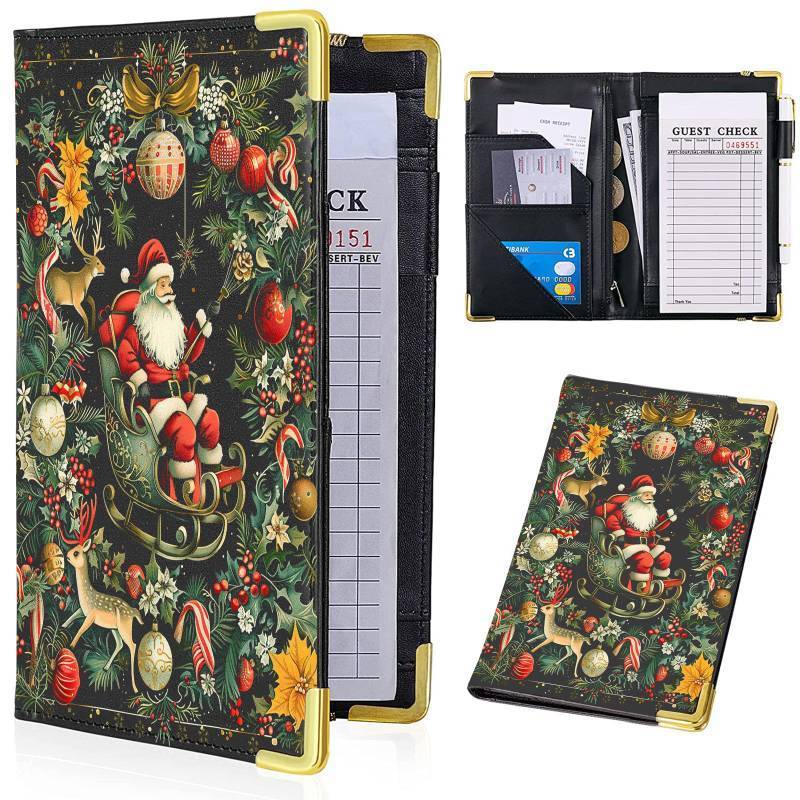 lot 34075 image: 2 Count of Tucocoo Santa Claus Waitress Book, Leather Server Books for Waitress with Zipper Pocket