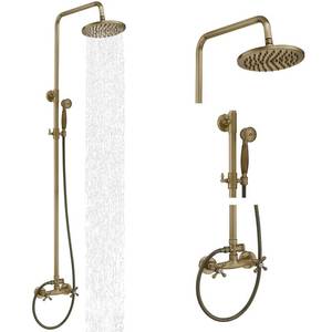 lot 15861 image: BWE Antique Brass Shower Fixtures 8-Inch Rain Shower Head with Handheld Spray Two Function Two Handle Bathroom Bath System Exposed Shower Faucet Set Wall Mounted - Retail $146