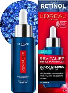 lot 34725 image: LOreal Paris Revitalift Triple Power LZR Retinol Night Serum For Face, With 0.3% Pure Retinol, Moisturizes Skin and Eliminates Deep Wrinkles, For All Skin Types, 30ml