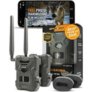 lot 34760 image: SPYPOINT Flex-m Twin Pack Cellular Trail Camera Hunting Trail Monitor with GPS  Night Vision  Dual-Sim LTE  IP65 Water-Resistant - Retail $129