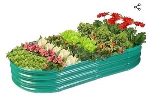 lot 35469 image: Raised Garden Bed GRS Certified Galvanized Planter Box Outdoor, 5ft Oval Rot-Resistant Metal Garden Bed Planter, Recycled Material Planter for Vegetables Flowers Herbs