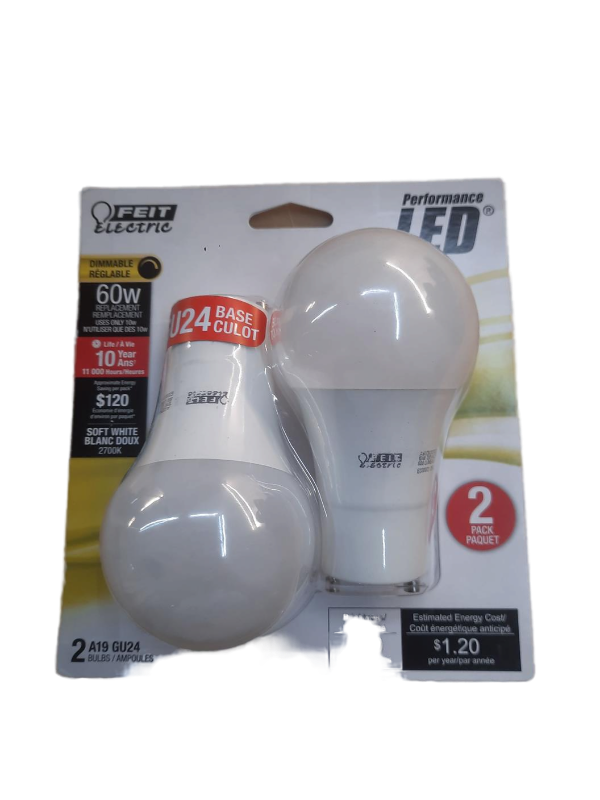 lot 15491 image: BOX  4 TWO PACKS Feit GU24 A19 2 PIN LED Dimmable 800 Lumens 10W60W Equivalent pack of 8