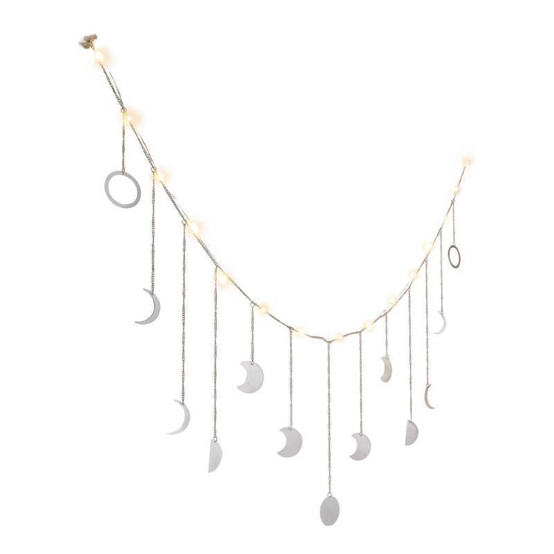 lot 15360 image: Celestial Garden Silver Moon Phase Celestial Chain Light, Warm White.13 Moon Charms & 20 Total LEDs. (8 Ft)