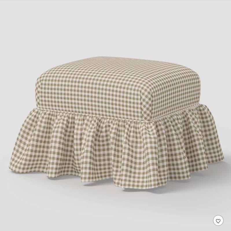 lot 30609 image: Ruffle Skirt Ottoman Kale Gingham Taupe Cream - Threshold designed with Studio McGee - Retail $280