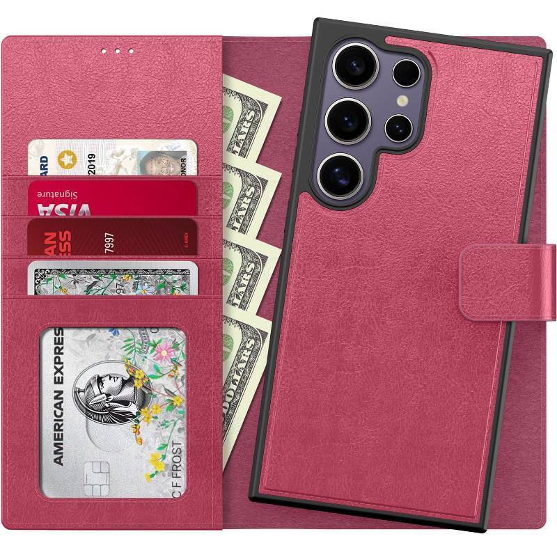 lot 31035 image: Samsung Galaxy S25 Ultra Case Wallet,Detachable Flip Folio Leather Cover,RFID Blocking 4 Card Slots Holder,Kickstand Function,Protective Phone Shell for Women Girls,Hot Pink