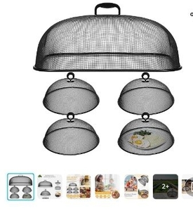 lot 35515 image: 5 Pcs Metal Mesh Food Cover for Outdoors Include 18.5 In Extra Large Mesh Food Tents Fly Fruit Screen Food Net 4 Pcs 11 In Large Dome Plate Covers for Dinner Plates Reusable Picnic Food (Black) - Retail $59