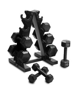 lot 33515 image: Cap Barbell 100 lb Cast Iron Hex Dumbbell Weight Set with Rack (See Details) -Retails $129