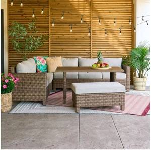 Better Homes & Gardens Brookbury 4-Piece Outdoor Wicker Patio Sectional Dining Set, Beige Cushions (See Details)- Retail: $897