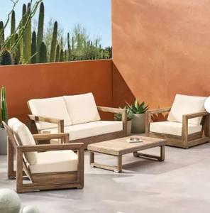 Christopher Knight Home Andrae Outdoor Acacia Wood 4 Seater Chat Set with Cushions, Brown and Beige - Retail: $2,600