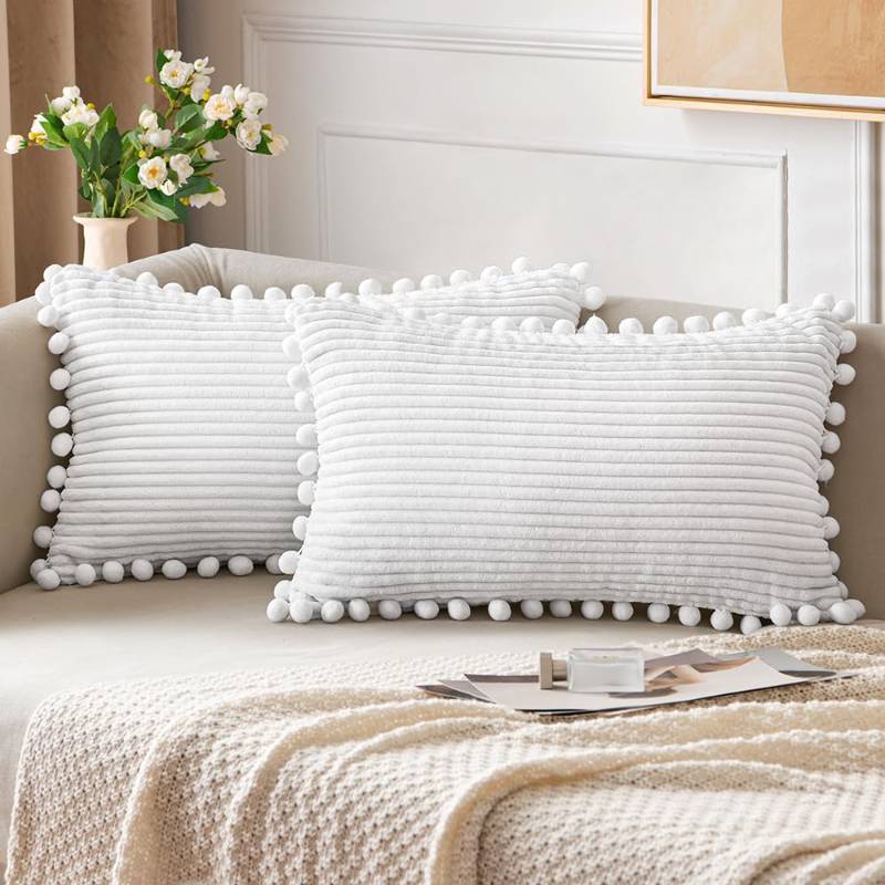lot 32808 image: Pack of 2 White Fall Boho Decorative Pillow Covers with Pom-poms 12x20