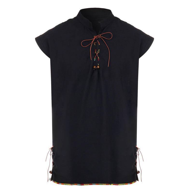 lot 32921 image: Mens Retro Lace Up Sleeveless Shirts for Halloween Renaissance Medieval Viking Costume Stand Collar Shirts Black -LARGE