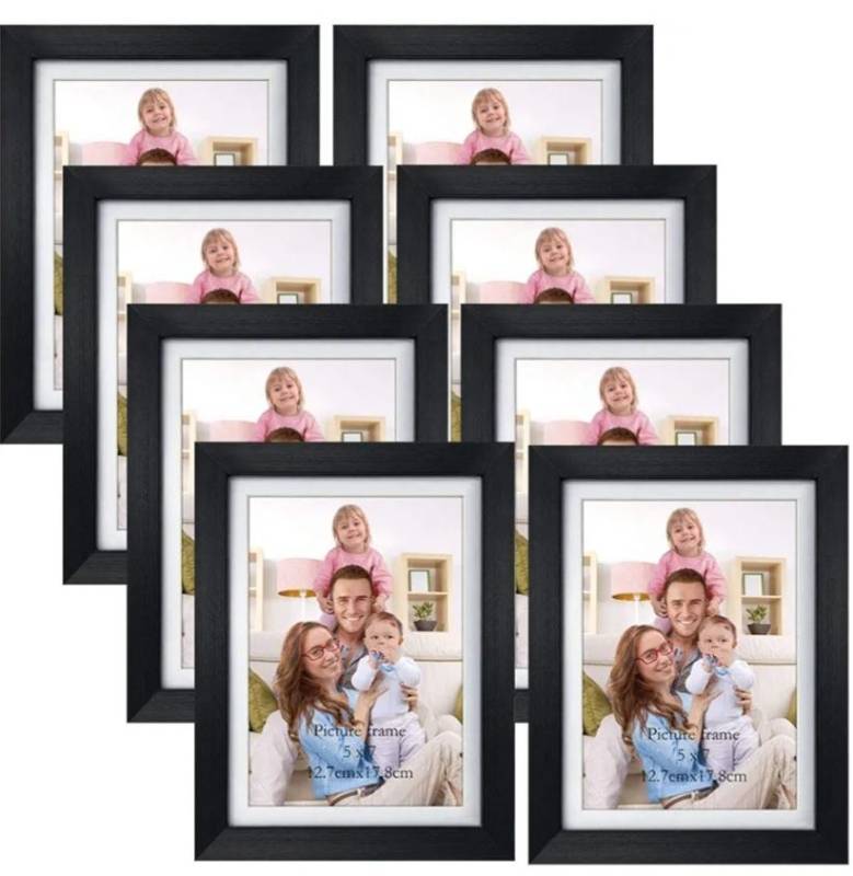 lot 33082 image: 5x7 Picture Frame Set of 8, 6x8 Matted to Display 5 by 7 Photo with Mat or 6 by 8 Without Mat for Wall or Tabletop, Black