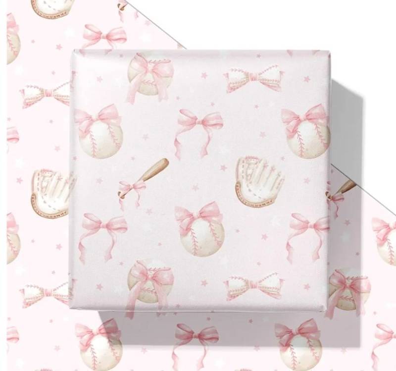 lot 31237 image: Baseball Wrapping Paper - Pink 28x40 Inches, 4 Sheets