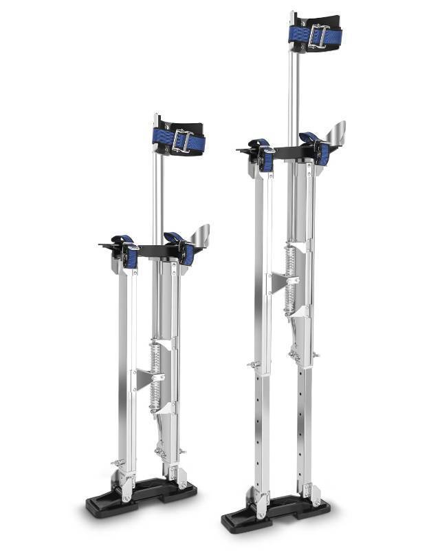 lot 15485 image: GCCSJ 24- 40 Drywall Stilts for Adults Adjustable Heights Aluminum Work Stilt with Protective Knee Pads for Sheetrock Drop Ceiling Painting Painter Pruning Branches or Cleaning - Retail $129