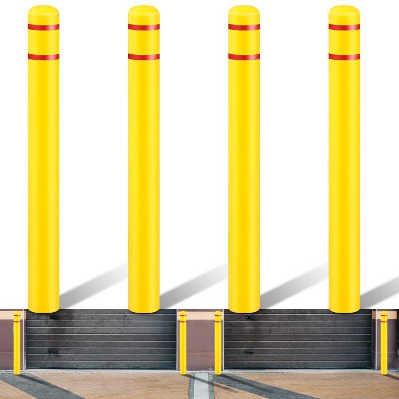 lot 15487 image: Pangda 4 Pcs Flat Top Bollard Covers Yellow and Red Bollard Post Sleeve for Home Parking Fence Pole Pipe (5 X 52) - Retail $181