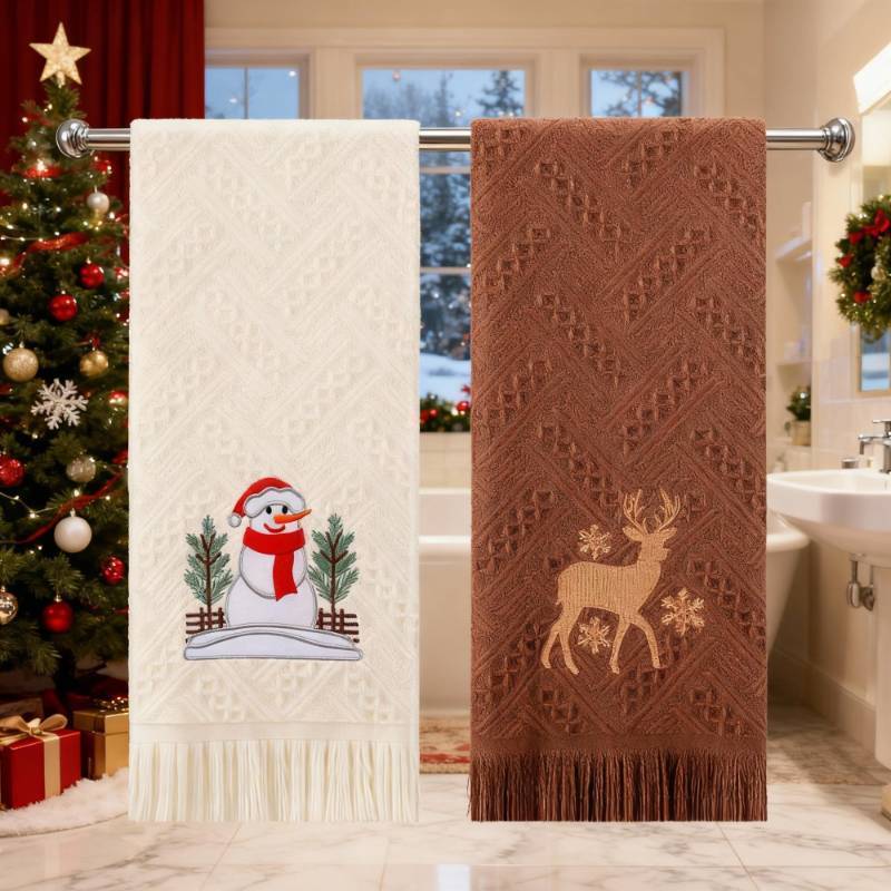 lot 34151 image: 2 Pcs Vintage Christmas Hand Towels Brown Beige Snowman Reindeer Embroidered 100% Cotton, -13.8 x 29.5