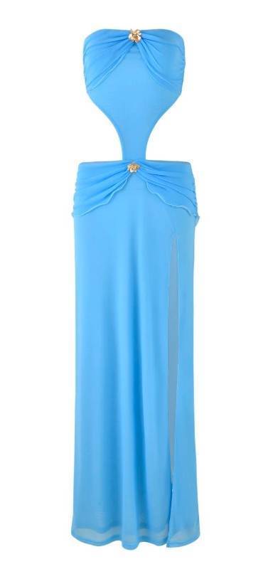 lot 34208 image: Blue Cutout Maxi Dress with Gold Flower Details -Size LARGE