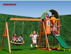 lot 35522 image: Sportspower Amelia Wooden Swing Set with 2-Person Saucer Swing (Missing Parts) - Retail $299