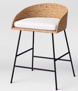 lot 14101 image: 24 Landis Wicker Backed Counter Height Barstool with Cushion and Footrest WhiteBlack- Threshold (See Details) - Retail $360