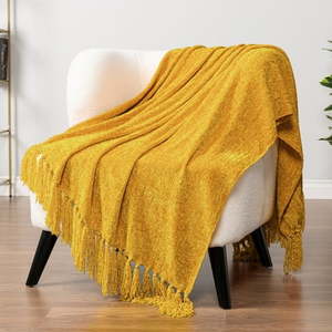 lot 33549 image: PAVILIA Mustard Yellow Chenille Throw Blanket for Couch Soft Gold Knit Blanket with Tassel Fringe Woven Chenille Knitted Decorative Blanket for Sofa Bed Living Room  Decor Gift  50x60