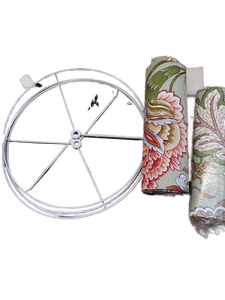 lot 35566 image: White Wire Lampshade Frame with Floral Wallpaper Rolls  (Missing Screws)