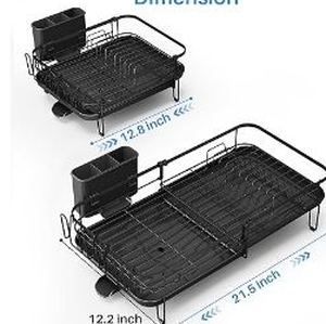 lot 35570 image: Dish Drying Rack - Expandable Dish Rack for Kitchen Counter, Stainless Steel Dish Drainer Rack with Utensil Holder and Cup Holder, Black (Missing Parts)
