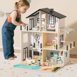 lot 15888 image: BIERUM Wooden Dollhouse, Large Modern Doll House with 44Pcs Furniture Accessories, Dolls & Pets, DIY Puzzle Pool Yard, Wood Dollhouse Toy (Ages 3)  - Retail $120