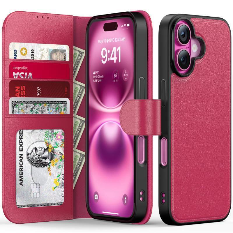 lot 31526 image: iPhone 16 Plus Case Wallet, Detachable Flip Folio Leather Cover, RFID Blocking 4 Card Slots Holder, Magnetic Kickstand, Protective Phone Shell, Hot Pink