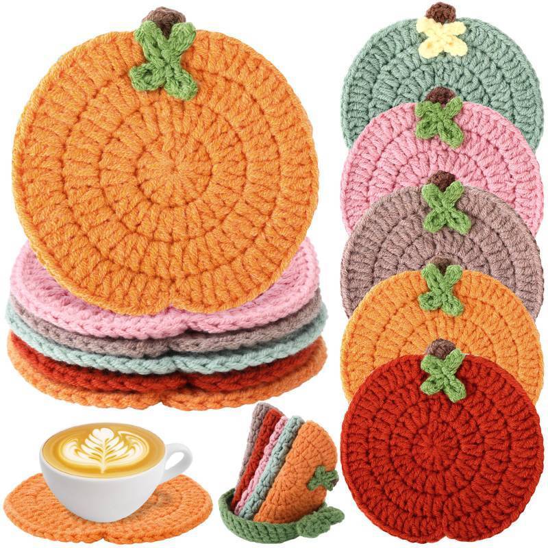 lot 34303 image: 5 Pcs Pumpkin Crochet Coasters 4 Fall Knitted Drink Coaster with Plant Pot Holder Handmade Container Beverage Cup Pad Mats for Thanksgiving Halloween Autumn Harvest Table Decor (Multicolor)