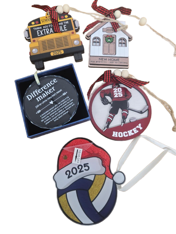lot 32007 image: 2025 Christmas Ornament Set with Sports, Hockey, Volleyball, School Bus, New Home