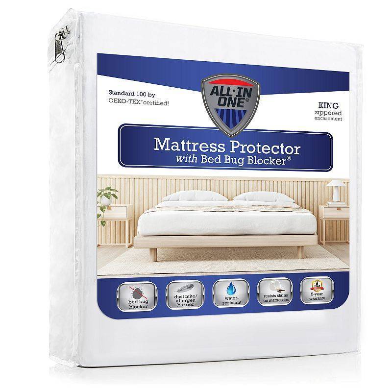 lot 15540 image: All-in-One Bed Bug Blocker Water Resistant Zippered Mattress Protector (King) - Retail $108
