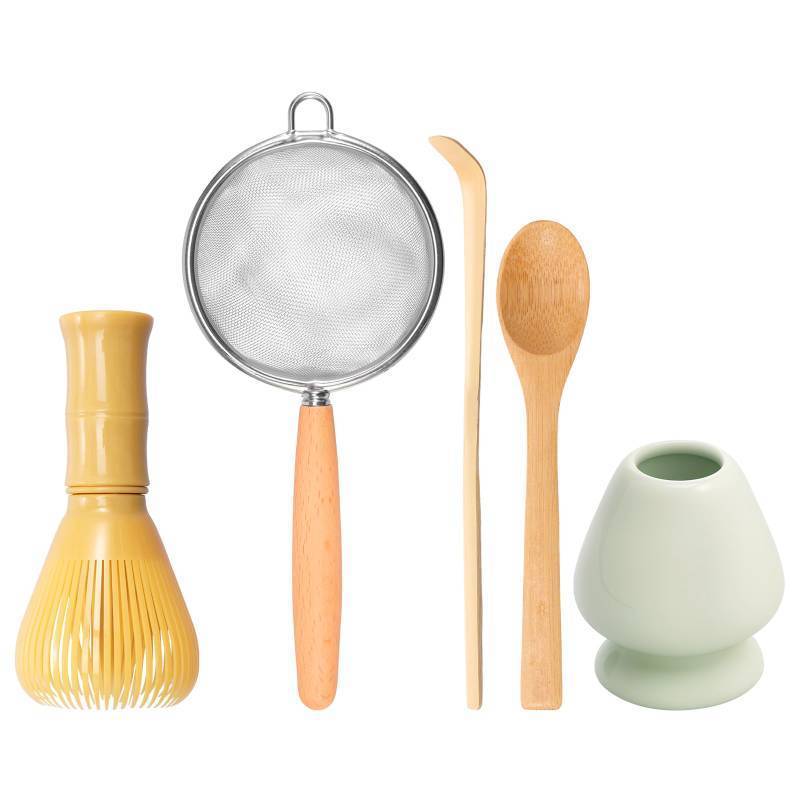 lot 34147 image: 5 PCS Matcha Whisk Set, Japanese Matcha Tea Making kit with Resin Whisk and Ceramic Holder, Stainless Sifter, Wood spoon and Bamboo Spoon, Basic Tea Tools