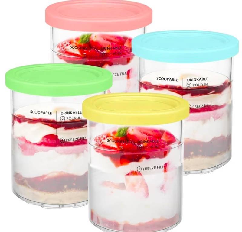 lot 34155 image: Ninja Creami Deluxe Pints and Lids 4 Pack, NC500 NC501 Ice Cream Pint fit for Ninja Delux Ice Cream Maker, 24 oz. food container for Ninja Creami Deluxe,Dishwasher Safe (MISSING GREEN LID)