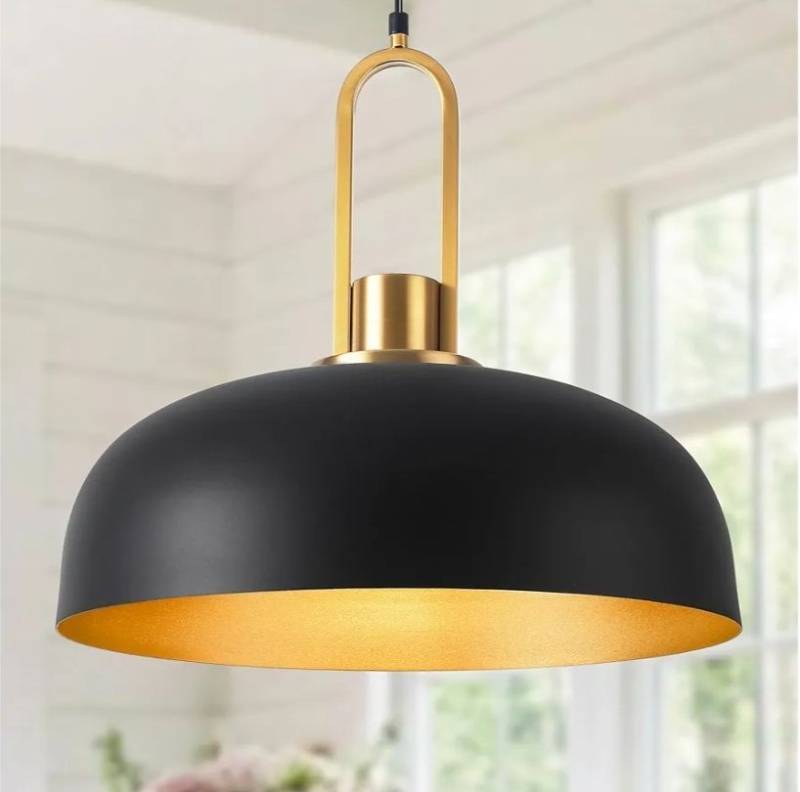 lot 33196 image: Matte Black Dome Pendant Light 18 Large Farmhouse Pendant Lighting Fixture Vintage Black and Gold Chandeliers for Dining Room, Kitchen Island, Bedroom, Hallway - Retail $209