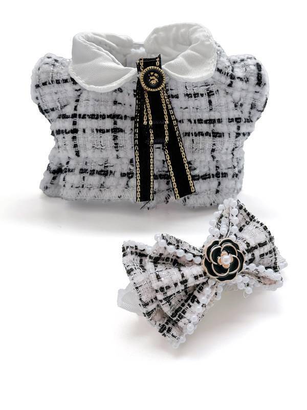 lot 34318 image: 17 Count of KAPAND for Lububu Clothesfor Lububu Outfits, Luxury Elegant Outfit Set, White Plaid Tweed Dress, Black Necktie, Plaid Bow Accessories (No Doll)