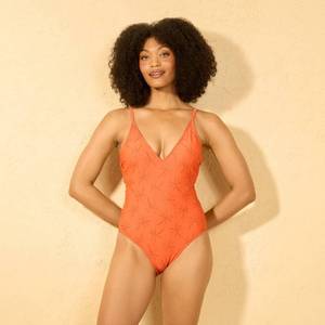 lot 34966 image: Womens Palm Embroidered Plunge Neck High Leg Cheeky Coverage One Piece Swimsuit - Shade & Shore Orange- Size S
