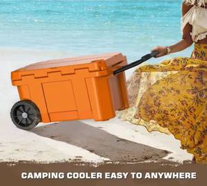 lot 33577 image: Orange Portable Chest Cooler, Leak-Proof Outdoor Insulated Cooler with Handle and Wheels - Retail $198