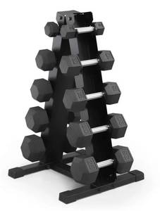lot 33570 image: Marcy 150lb Rubber Hex Dumbbell Set and Rack (Missing 4 Dumbbells) - Retail $450
