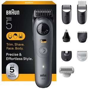 lot 34924 image: Braun All-in-One Series 5 Trimmer Kit  Ultra Sharp Blade  Up to 120 min  40 Lengths  PrecisionWheel & Lock Waterproof  AIO 5510  Moonstone Grey (Missing Comb)- Retail $72