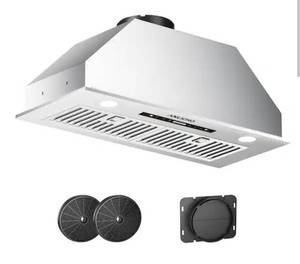 lot 15906 image: Anlicho 36 in. 900 CFM Convertible Ducted to Ductless Insert Range Hood in Stainless Steel w Baffle Filter, LED, Gesture control - Retail $279