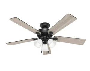 lot 15907 image: Hunter Swanson 52 in. Indoor Matte Black Ceiling Fan with Light Kit & Reversible Blades - Retail $89