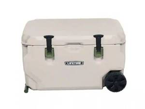 lot 15910 image: Lifetime 65 qt. Cooler with Wheels, Tan (missing the pull handle,) - Retail $199
