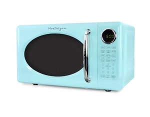 lot 35635 image: Nostalgia 0.7 cu ft Retro Microwave Oven, 700W Countertop Microwave Oven with 8 Auto Cook Programs, Aqua (Not Powering On) - Retail $99