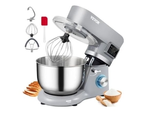 lot 35637 image: VEVOR Stand Mixer, 660W Electric Dough Mixer with 6 Speeds LCD Screen Timing, Tilt-Head Food Mixer with 5.8 Qt Stainless Steel Bowl, Dough Hook, Flat Beater, Whisk, Scraper, Splash-Proof Cover - Gray - Retail $91