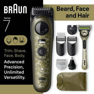 lot 34982 image: Braun All-in-One Series 7 Trimmer Kit  Lifetime Sharp Metal Blade  Up to 120 min  40 Lengths  PrecisionWheel & Lock Waterproof  AIO 7550  Camouflage Green - Retail $75