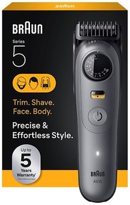lot 38012 image: Braun All-in-One Series 5 Trimmer Kit  Ultra Sharp Blade  Up to 120 min 40 Lengths  PrecisionWheel & Lock Waterproof  AIO 5510  Moonstone Grey - Retail $72