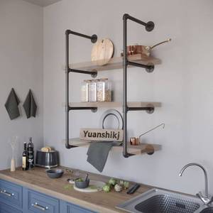lot 8733 image: Yuanshikj 2Pc (42 Tall,12 deep) Industrial Wall Mount Iron Pipe Shelf Shelves Shelving Bracket Black Bookshelf DIY Storage offcie Room Kitchen (2 Pcs 4Tier Hardware Only)