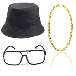 lot 8772 image: Beelittle 80s90s Hip Hop Costume Old Style Cool Rapper Outfits - Bucket Hat Oversized Black Sunglasses Gold Plated Chain (A)