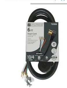 lot 8785 image: Utilitech 6-ft 30 -Amp 4 -Prong Black Dryer Appliance Power Cord